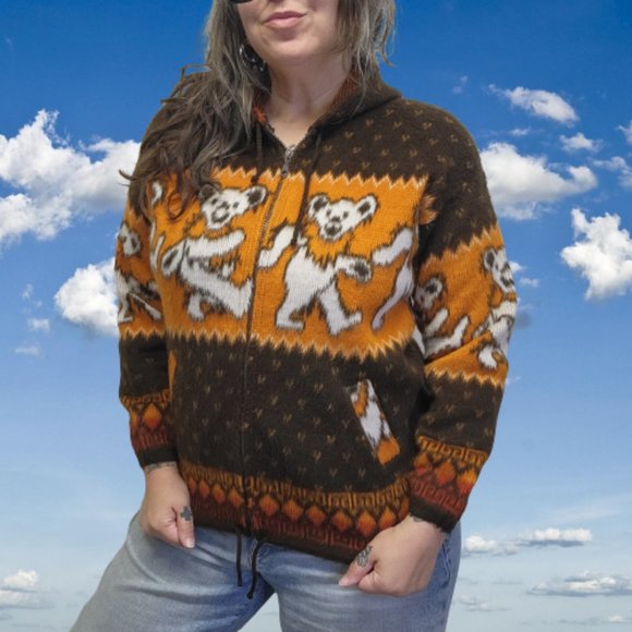 Grateful Dead Other - GRATEFUL DEAD Bears Fuzzy Wool/Cotton Zip Hoodie Sweater Brown Orange Unisex S